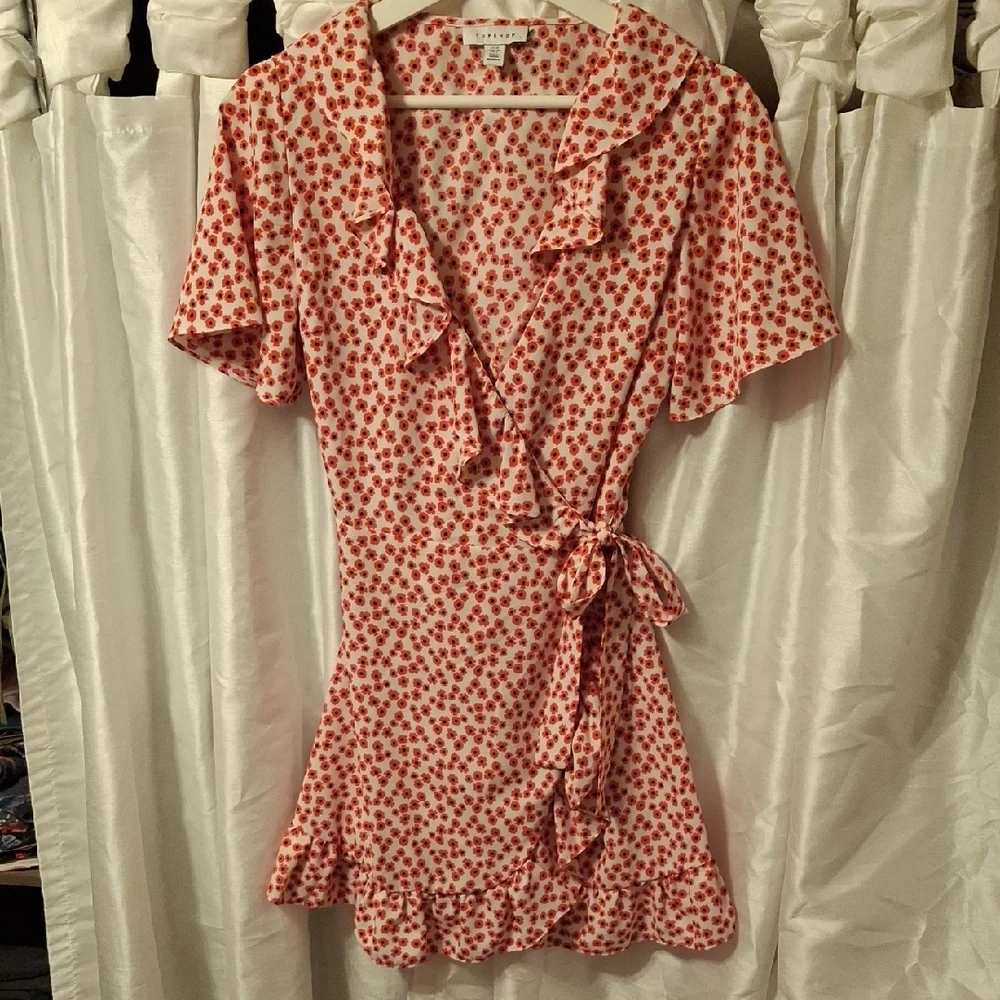 Topshop Red and White Floral Wrap Mini Dress 10 - Picture 1 of 12